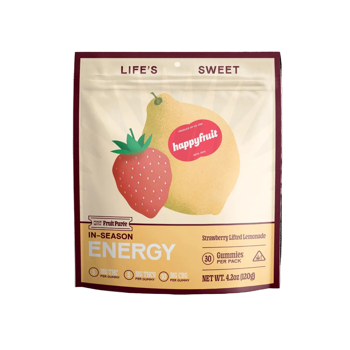 Happy Fruit Strawberry Lifted Lemonade Energy Gummies, 30 count, with 5mg THC, 5mg THCV and 10mg CBG per gummy