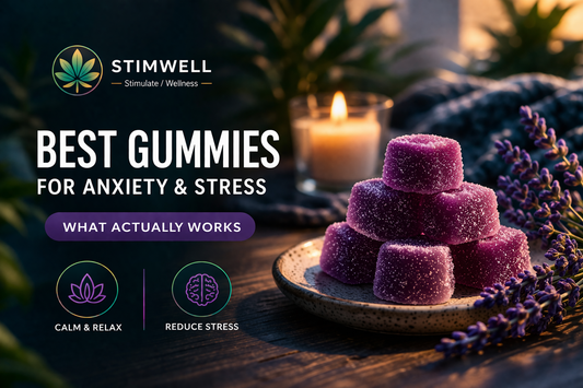 THC gummies for stress relief and better sleep with lavender and calming nighttime setting, designed to promote relaxation and restful nights.