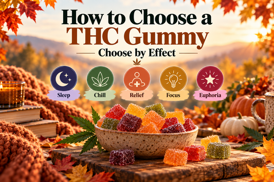 Colorful THC gummies displayed in a cozy autumn setting with icons for Sleep, Chill, Relief, Focus, and Euphoria, illustrating how to choose a THC gummy by desired effect.