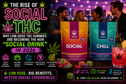 3CHI Social and Chill low-dose THC gummies with a vibrant nightlife background promoting mindful social wellness.