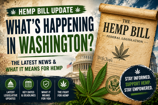Hemp Bill Update 2026 thumbnail featuring the U.S. Capitol, a weathered federal hemp legislation scroll, hemp leaves, and text highlighting the latest hemp bill news and what it means for the hemp industry.