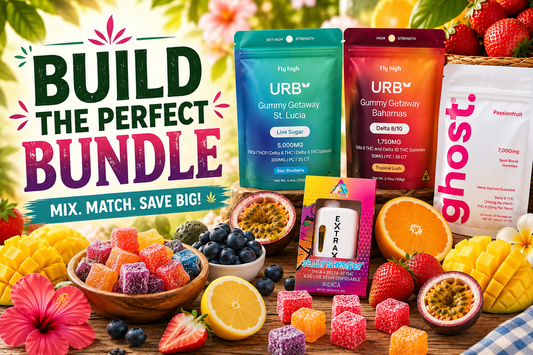 Build the Perfect Bundle featuring URB Gummy Getaway, Ghost gummies and EXTRAX products surrounded by colorful gummies, berries, citrus and tropical fruit.