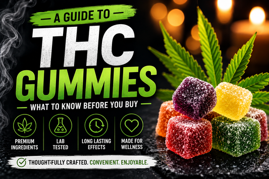 Colorful THC gummies with a hemp leaf promoting a guide to choosing quality, lab-tested hemp-derived THC gummies for wellness.