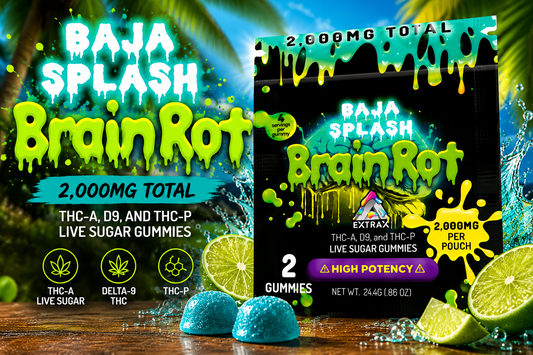 Delta Extrax BrainRot Gummies Baja Splash blog thumbnail with tropical beach-inspired artwork, lime slices, and THCa Live Sugar hemp gummy packaging.
