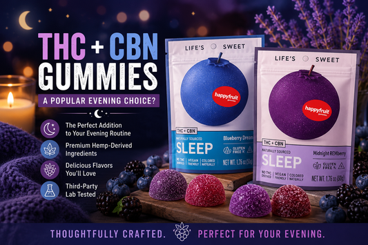 Happy Fruit THC + CBN Sleep Gummies in Blueberry Dream and Midnight REMberry flavors displayed with fresh berries, colorful gummies, candlelight, and a cozy evening-inspired background.
