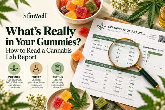 THC gummy lab report guide featuring a Certificate of Analysis (COA), magnifying glass, colorful gummies, and information about cannabinoid potency, purity, and third-party testing.