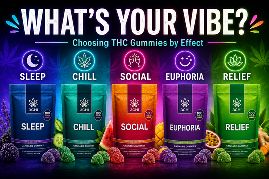 Colorful “What’s Your Vibe?” graphic showing five 3CHI THC gummy products for Sleep, Chill, Social, Euphoria, and Relief, with matching neon icons, fruit, and gummies.