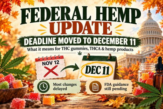 Federal hemp update graphic showing the U.S. Capitol, colorful THC gummies, hemp leaves, and a calendar changing the deadline from November 12 to December 11.