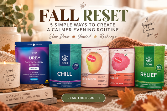 Fall Reset blog graphic featuring URB, 3CHI, and Happy Fruit hemp-derived gummy products in a cozy autumn evening setting with candles, blankets, and warm fall décor.