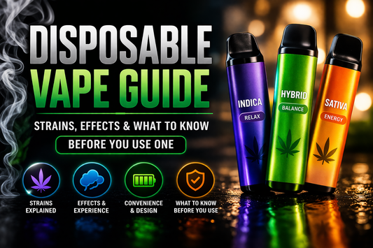 Best disposable vape guide showing indica, hybrid, and sativa vapes with information on strains, effects, and tips before using a disposable vape.