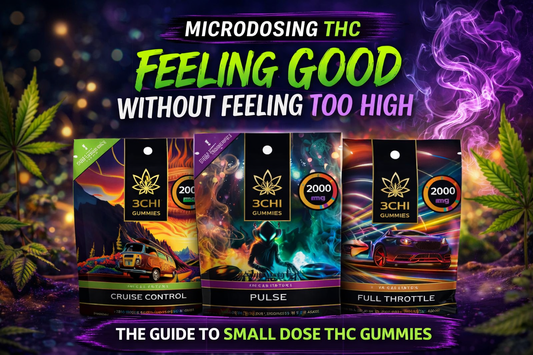 3CHI THC gummies Cruise Control, Pulse, and Full Throttle featured in a microdosing THC guide image highlighting small dose benefits for feeling good without feeling too high.