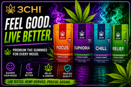 3CHI THC gummies thumbnail featuring Focus, Euphoria, Chill, and Relief pouches with neon smoke background and bold “Feel Good. Live Better.” text highlighting premium hemp-derived gummies for mood, relaxation, sleep, and focus.
