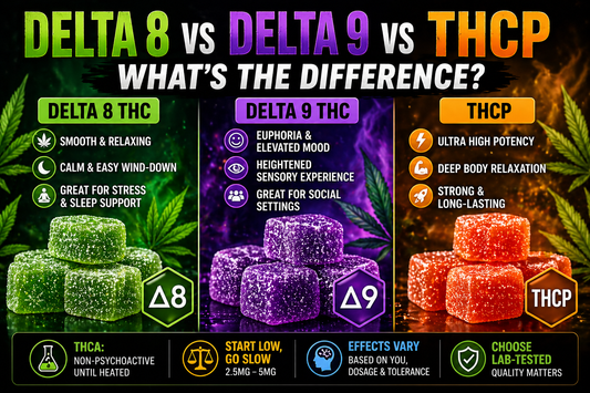 Infographic comparing Delta 8, Delta 9, and THCP gummies with colorful candy images, cannabinoid information, dosage guidance, and wellness-focused effects on a neon-style background.