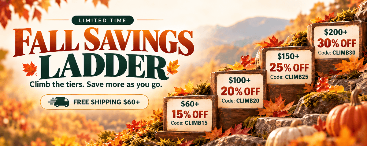 Fall Savings Ladder banner with autumn leaves and mountain scenery, showing tiered discounts of 15% off $60+, 20% off $100+, 25% off $150+, and 30% off $200+ with codes CLIMB15, CLIMB20, CLIMB25, and CLIMB30, plus free shipping on orders over $60.