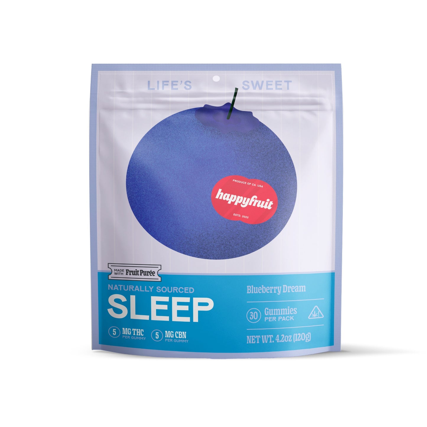 Happy Fruit Blueberry Dream Sleep Gummies, 30 count, with 5mg THC and 5mg CBN per gummy