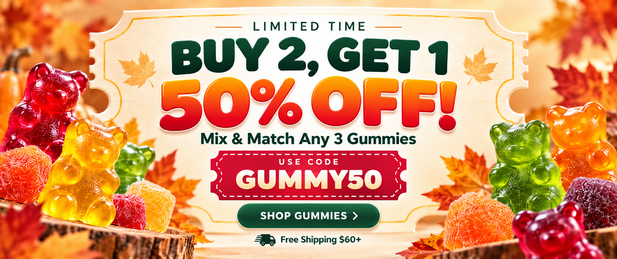 Fall gummy sale banner featuring colorful gummies with a limited-time Buy 2, Get 1 50% off promotion using code GUMMY50.
