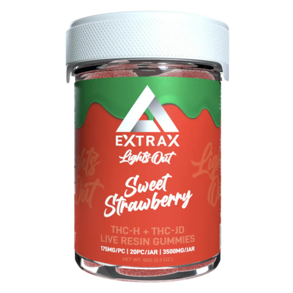 Delta Extrax Lights Out Sweet Strawberry THC-H + THC-JD Live Resin Gummies, 20 count, 3500mg per jar