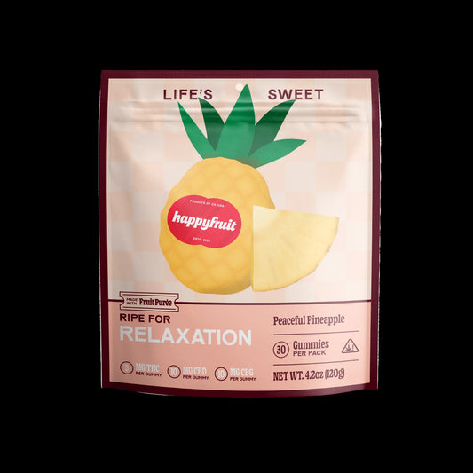 Happy Fruit Peaceful Pineapple Relaxation Gummies, 30 count, with 5mg THC, 10mg CBD and 10mg CBG per gumm